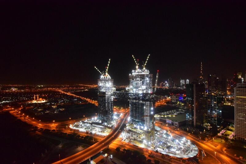 One Zaabeel construction by night. The buildings are due to be completed by next year. Courtesy: Ithra Dubai