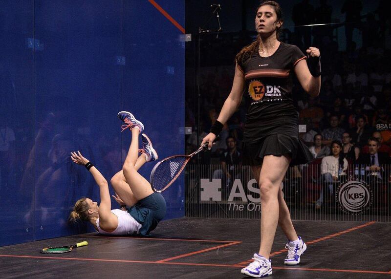 Nour El Sherbini of Egypt celebrates a point against Laura Massaro in the PSA Women's World Championship final on Saturday in Kuala Lumpur. Mohd Rasfan / AFP / April 30, 2016  