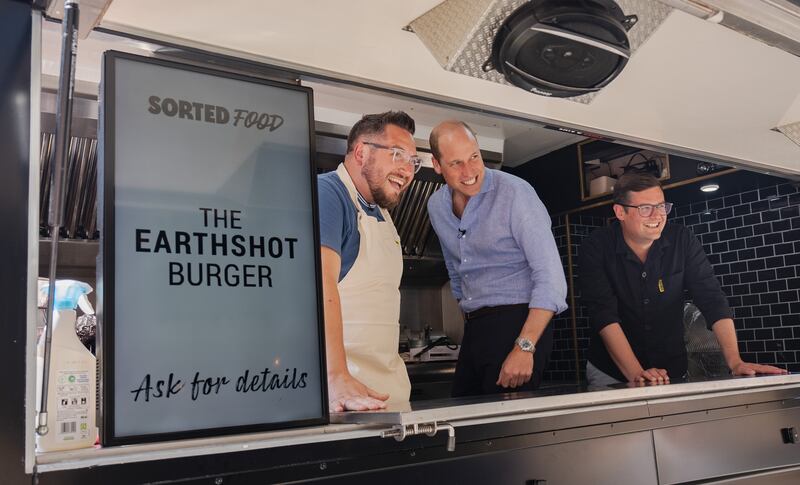 Prince William at the Sorted Food counter in central London, handing out boxed meals made through three Earthshot Prize winners on July 30. Kensington Palace / Sorted Food / PA