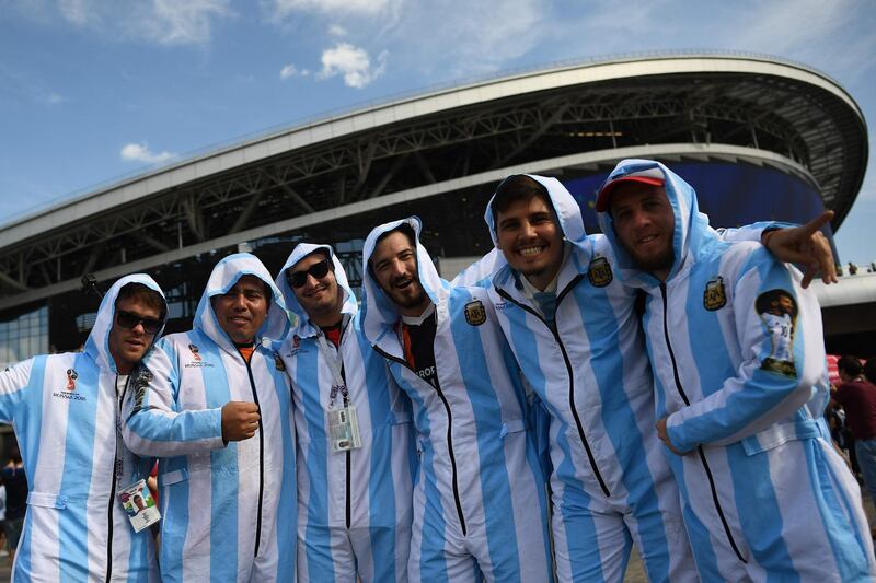 Argentina's fans pose outside the stadium before the Russia 2018 World Cup round of 16 football match between France and Argentina at the Kazan Arena in Kazan, Russia, on June 30, 2018. Franck Fife / AFP