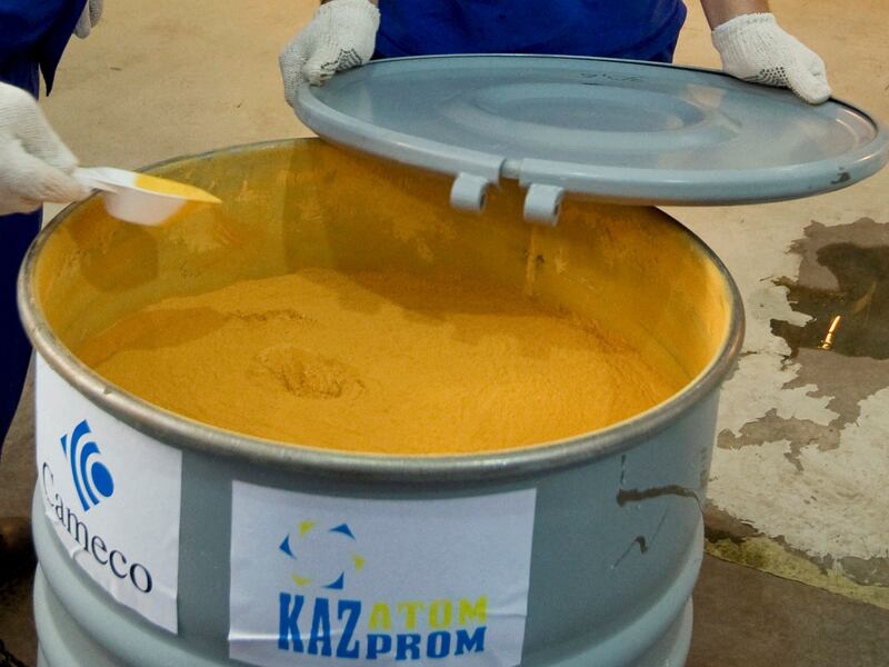 A barrel filled with yellowcake at the Inkai uranium mine in southern Kazakhstan. The IAEA said it had detected missing uranium during a check at an unnamed site in Libya. Reuters