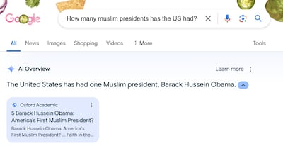 This screengrab shows how Google AI incorrectly answered a question about Muslim US presidents. Photo: X