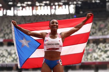 TOKYO, JAPAN - AUGUST 02: Jasmine Camacho-Quinn of Team Puerto Rico reacts after winning the gold medal in the Women's 100m Hurdles Final on day ten of the Tokyo 2020 Olympic Games at Olympic Stadium on August 02, 2021 in Tokyo, Japan. (Photo by Ryan Pierse / Getty Images)