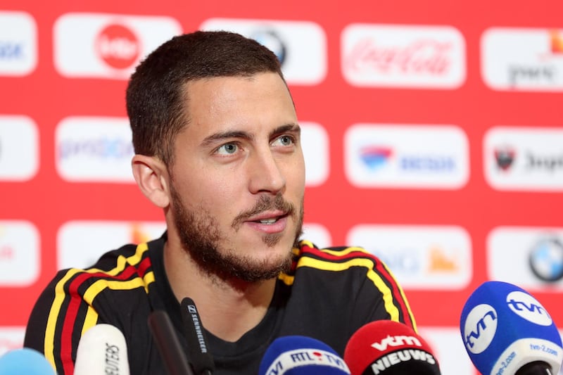 Belgium's footballer Eden Hazard addresses a press conference in Tubize, on March 26, 2018, ahead of a friendly match between Belgium and Saudi Arabia. / AFP PHOTO / Belga / BRUNO FAHY / Belgium OUT