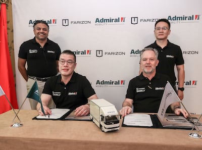 From left to right: Abby Thomas, director of Admiral Mobility; Alex Luo, marketing director at Geely Farizon; Frank Bernthaler, chief operating officer of Admiral Mobility; and Nicolas Hu, international marketing centre director at Geely Farizon, at the signing ceremony in Dubai on Thursday. Victor Besa / The National