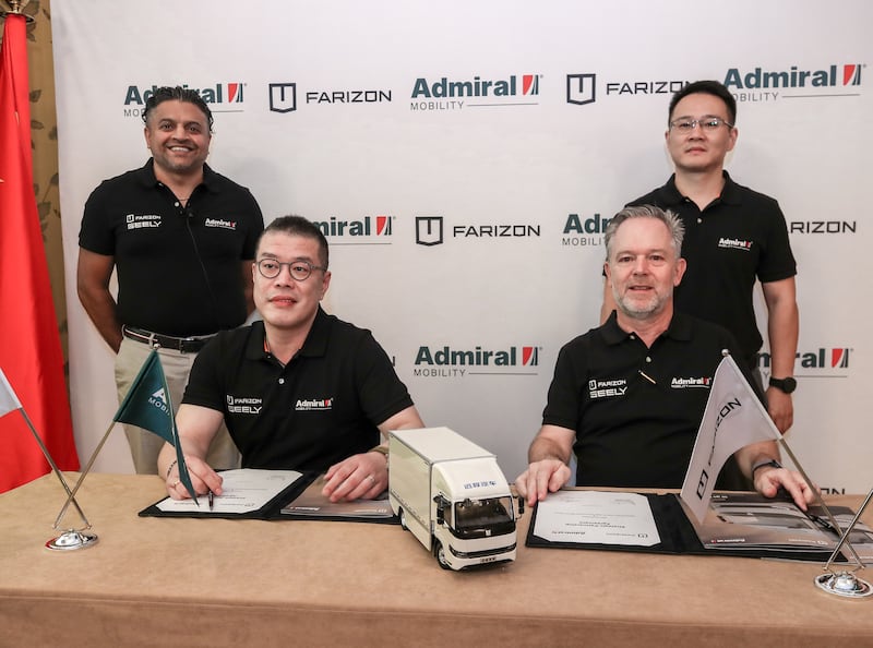 From left, Admiral Mobility director Abby Thomas, Geely Farizon marketing director Alex Luo, Admiral Mobility chief operating officer Frank Bernthaler and Geely Farizon international marketing centre director Nicolas Hu at the strategic agreement signing ceremony