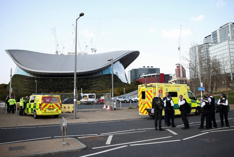 Emergency crews at Queen Elizabeth Olympic Park in Stratford, east London, after a leak of noxious fumes. Reuters