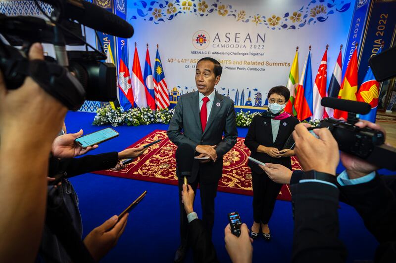 Indonesia's President Joko Widodo speaks to the media during the Asean summit in Phnom Penh, Cambodia. Indonesia will take over the presidency of Asean in 2023. AP