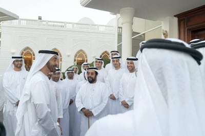 ABU DHABI, UNITED ARAB EMIRATES - December 04, 2018: HH Sheikh Mohamed bin Zayed Al Nahyan, Crown Prince of Abu Dhabi and Deputy Supreme Commander of the UAE Armed Forces (R), speaks with members of the UAE Ministry of Foreign Affairs, during a Sea Palace barza. Seen with HE Dr Sultan Ahmed Al Jaber, UAE Minister of State, Chairman of Masdar and CEO of ADNOC Group (back R) and HH Sheikh Tahnoon bin Mohamed Al Nahyan, Ruler's Representative in Al Ain Region (3rd L).
( Rashed Al Mansoori / Ministry of Presidential Affairs )
---