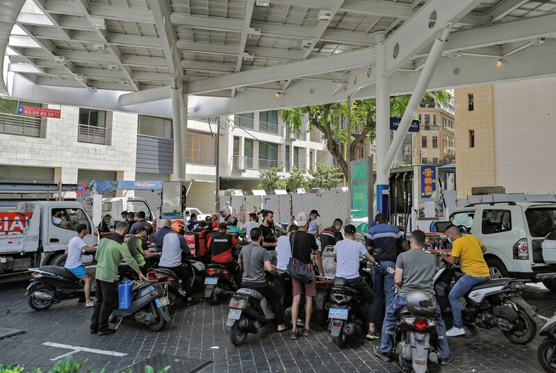 Queues for fuel at a petrol station in Beirut amid severe shortages. AFP