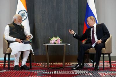 Indian Prime Minister Narendra Modi and Russian President Vladimir Putin meet on the sidelines of the Shanghai Co-operation Organisation in Samarkand, Uzbekistan, last September. Reuters