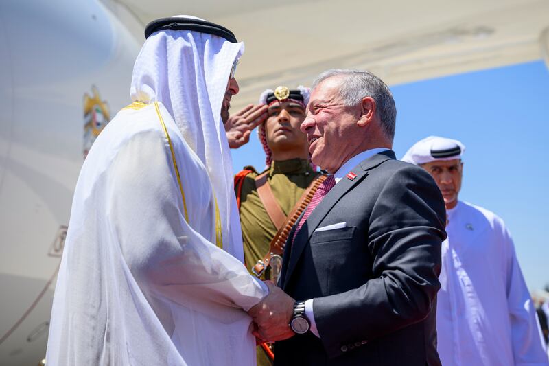President Sheikh Mohamed is welcomed at Marka Airport in Amman by Jordan's King Abdullah II and Crown Prince Hussein on August 2. All photos: UAE Presidential Court