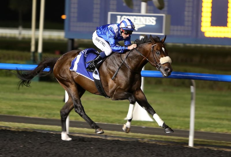Haatheq, pictured under Dane O’Neill, won the Jebel Ali Stakes Prep race on Friday. Pawan Singh / The National