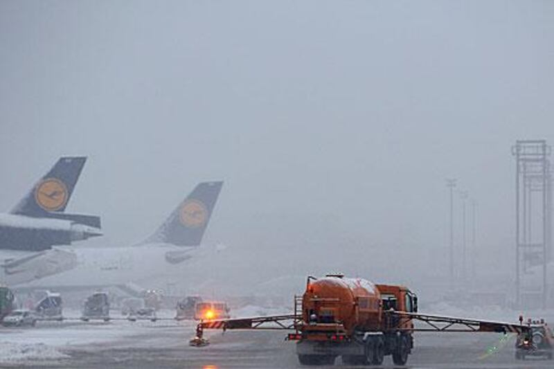 Several flights were on delay and cancelled due to heavy weather conditions in Frankfurt, Germany.