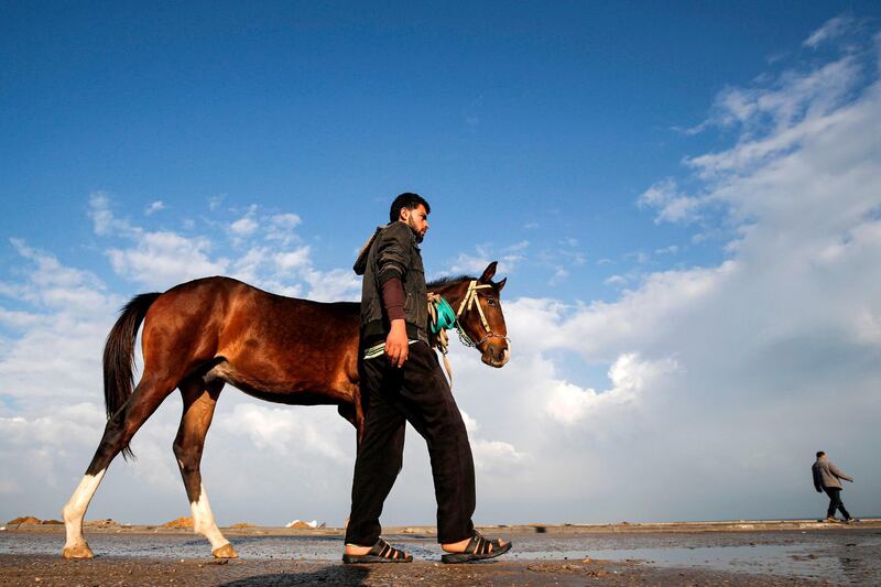 A Palestinian walks with his horse along a beach in Gaza City.  AFP