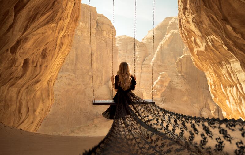 Interactive artwork, One Two Three Swing!, by Superflex, at Desert X AlUla 2020. Photo: Conor McCann and Paris Verra