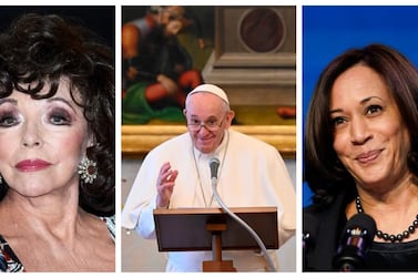 Joan Collins, Pope Francis and Vice President-elect Kamala Harris have all been sharing their Covid-19 vaccination experiences. AFP, Getty Images, AP