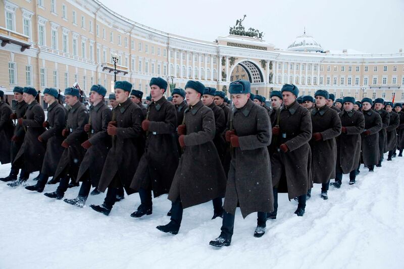 Russian army servicemen dressed in historical uniforms attend rehearsal of the parade to mark 75 years since Leningrad siege was lifted in Saint Petersburg, Russia. Reuters