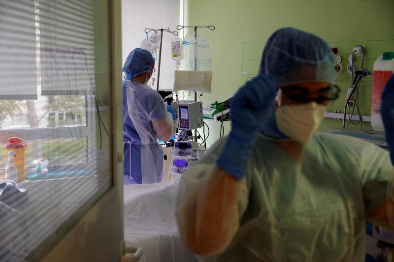 Nurses work in the Intensive Care Unit where patients suffering from Covid-19 are treated at the Le Bois private hospital in Lille, France. Reuters