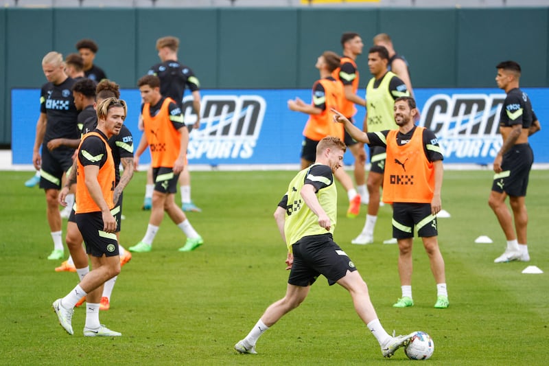 Manchester City players train for the friendly against Bayern Munich. AFP