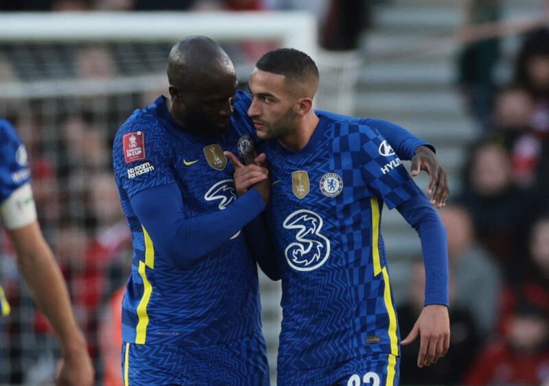 Chelsea's Hakim Ziyech celebrates scoring their second goal with Romelu Lukaku.
Action Images