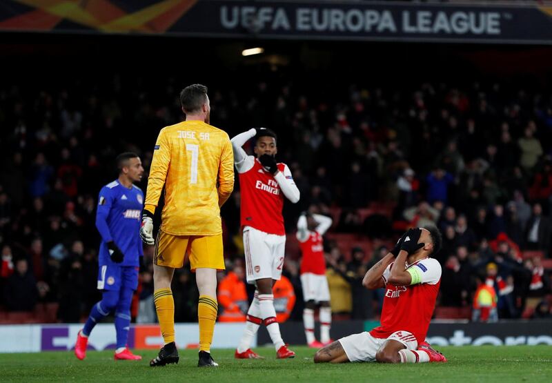 Soccer Football - Europa League - Round of 32 Second Leg - Arsenal v Olympiacos - Emirates Stadium, London, Britain - February 27, 2020  Arsenal's Pierre-Emerick Aubameyang looks dejected after missing a goal scoring opportunity  Action Images via Reuters/Paul Childs