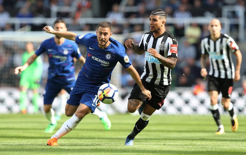 Soccer Football - Premier League - Newcastle United vs Chelsea - St James' Park, Newcastle, Britain - May 13, 2018   Chelsea's Eden Hazard in action with Newcastle United's DeAndre Yedlin    REUTERS/Scott Heppell    EDITORIAL USE ONLY. No use with unauthorized audio, video, data, fixture lists, club/league logos or "live" services. Online in-match use limited to 75 images, no video emulation. No use in betting, games or single club/league/player publications.  Please contact your account representative for further details.