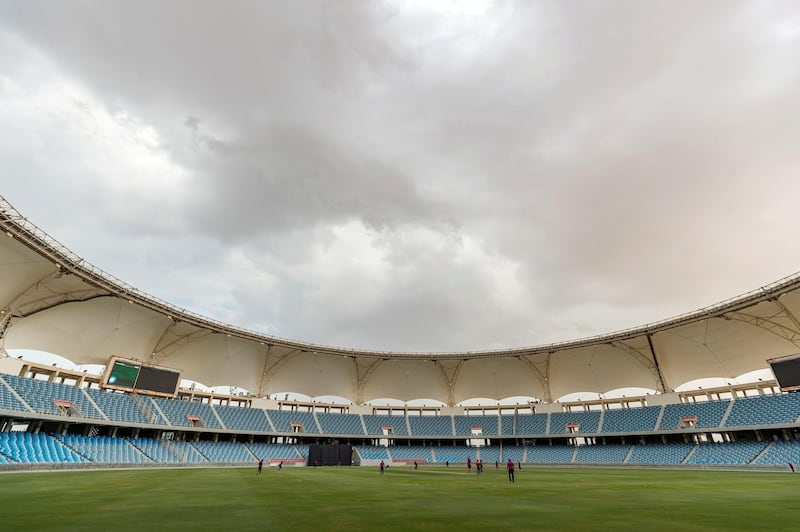 Dubai, United Arab Emirates - October 07, 2019: Dark clouds loom over the game between the UAE and Bermuda. Monday the 7th of October 2019. International Cricket Stadium, Dubai. Chris Whiteoak / The National