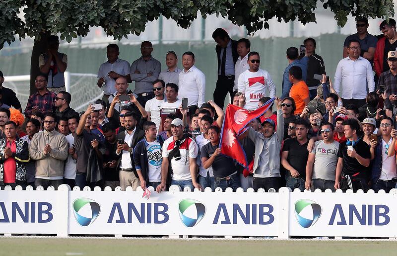 DUBAI , UNITED ARAB EMIRATES , January 28 – 2019 :- Supporters of Nepal celebrating after Nepal won the match by 4 wickets in the one day international cricket match between UAE vs Nepal held at ICC cricket academy in Dubai. ( Pawan Singh / The National ) For Sports. Story by Paul