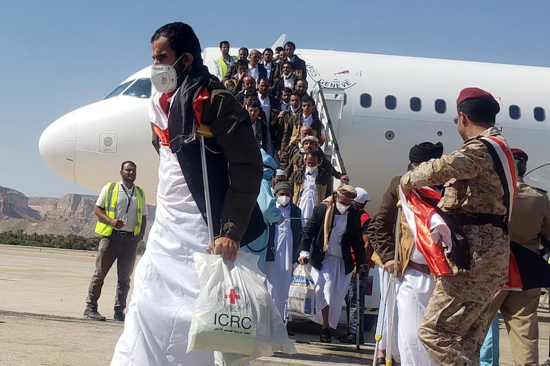 Freed Saudi-led coalition prisoners arrive after their release in a prisoner swap, at Sayoun airport, Yemen. Reuters