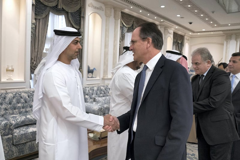 ABU DHABI, UNITED ARAB EMIRATES - January 29, 2018: HE Philip Parham, Ambassador of the UK to the UAE (2nd L) offers condolences to HH Sheikh Omar bin Zayed Al Nahyan, Deputy Chairman of the Board of Trustees of Zayed bin Sultan Al Nahyan Charitable and Humanitarian Foundation (L), on the passing of HH Sheikha Hessa bint Mohamed Al Nahyan, at Mushrif Palace.

( Omar Al Askar for Crown Prince Court - Abu Dhabi )

---