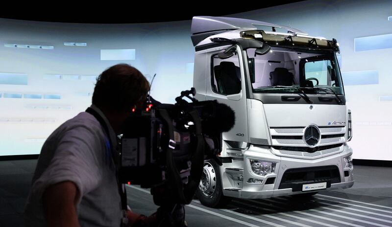 An electric e-Actros truck at Daimler Truck's annual shareholders meeting in Stuttgart, Germany. AFP
