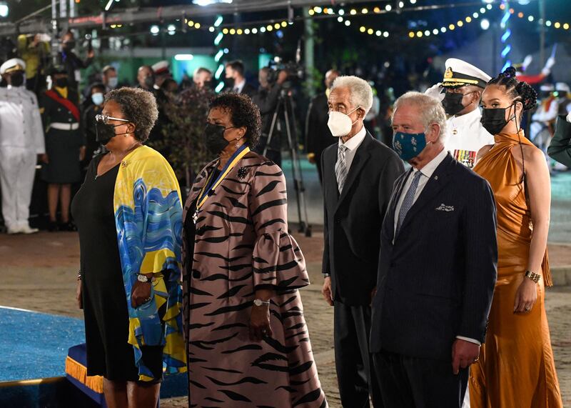 Prime Minister Mia Amor Mottley, President Dame Sandra Mason, Sir Garfield Sobers, Prince Charles and Rihanna at the ceremony. AFP