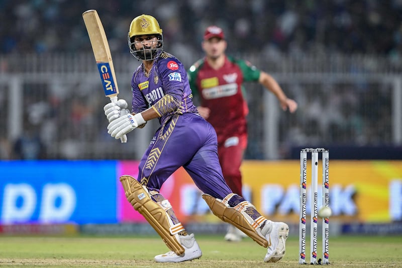 Kolkata Knight Riders' captain Shreyas Iyer watches the ball after playing a shot on his way to a total of 38 not out off 38 balls. AFP