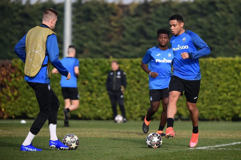 Atalanta's Colombian forward Luis Muriel, right, during training in Ciserano, Lombardy. AFP