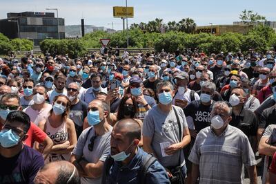 Demonstrators block the Ronda del Litoral highway following a protest outside the Nissan Motor Co. plant in Barcelona, Spain, on Thursday, May 28, 2020. Nissan said it intends to close its Barcelona plant, in addition to the one it is planning to shutter in Indonesia. Photographer: Angel Garcia/Bloomberg