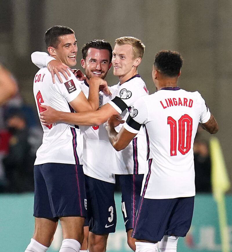 England's Ben Chilwell celebrates scoring the first goal against Andorra at Estadi Nacional. PA