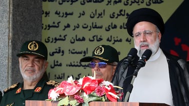 Iranian President Ebrahim Raisi speaks during the annual Army Day in a military base in Tehran, Iran, on Wednesday. EPA