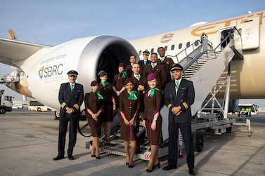 Etihad crew get ready to fly the world's first ultra-long-haul, plastic-free flight to Brisbane. Courtesy Etihad Airways