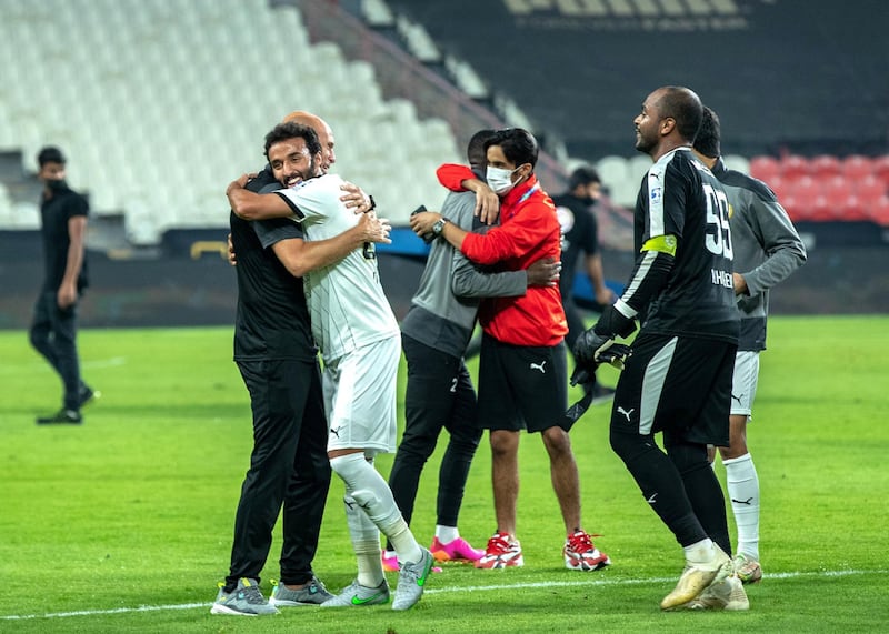 Arabian Gulf League final round: Al Jazira v Khorfakkan at Mohamed bin Zayed stadium.  The Jazira team celebrates their victory over Khorfakkan on May 11th, 2021. Victor Besa / The National.