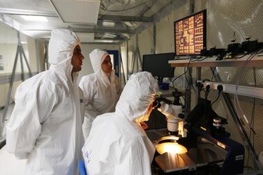 Electrical engineering students at the Microwave Imaging and Nondestructive Evaluation Laboratory at American University of Sharjah in Sharjah. Pawan Singh / The National 