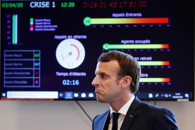 French President Emmanuel Macron visits the Crisis and Support Center at French Foreign Affairs ministry at Quai D'Orsay in Paris, France, April 3, 2020. Macron paid tribute to those who helped French citizens to return to France since mid-March as countries across the world were closing their borders amid the coronavirus crisis. Francois Mori/Pool via REUTERS