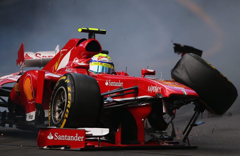 MONTE-CARLO, MONACO - MAY 25:  Felipe Massa of Brazil and Ferrari crashes at St Devote during the final practice session prior to qualifying for the Monaco Formula One Grand Prix at the Circuit de Monaco on May 25, 2013 in Monte-Carlo, Monaco.  (Photo by Bryn Lennon/Getty Images) *** Local Caption ***  169455161.jpg