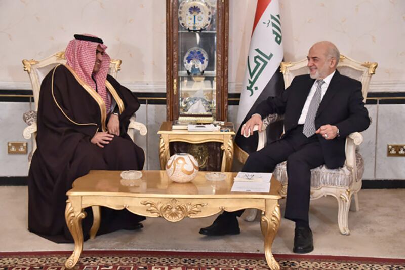 Saudi minister of state for Arab Gulf affairs Thamer Al Sabhan is seen here, left, meeting Iraqi foreign minister Ibrahim Al Jaafari in January 2016. AFP