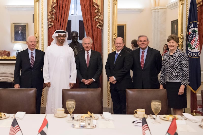 WASHINGTON, DC, UNITED STATES OF AMERICA - May 16, 2017: HH Sheikh Mohamed bin Zayed Al Nahyan, Crown Prince of Abu Dhabi and Deputy Supreme Commander of the UAE Armed Forces (2nd L), stands for a photograph with Ben Cardin US Senator for Maryland (L), Bob Corker Chairman of the United States Senate Committee on Foreign Relations and Senator for Tennessee (3rd L), Chris Coons US Senator for Delaware (4th L), Bob Menendez US Senator for New Jersey (5th L), and Jeanne Shaheen Senator for New Hampshire (6th L), prior to a lunch meeting at Capitol Hill. 
( Rashed Al Mansoori / Crown Prince Court - Abu Dhabi ) *** Local Caption ***  20170516RMC04_7994.JPG