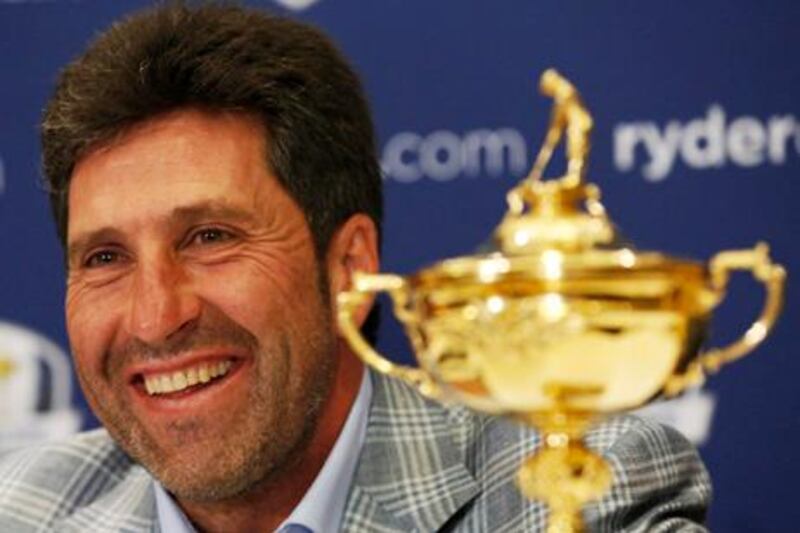 European Ryder Cup captain Jose Maria Olazabal smiles during a news conference in a hotel near Heathrow Airport, in west London October 2, 2012. Olazabal, thrilled by a message of congratulations from the King of Spain, was still riding a wave of emotion on Tuesday following his team's spectacular victory over the United States in the 39th Ryder Cup tournament.   REUTERS/Luke MacGregor  (BRITAIN - Tags: SPORT GOLF)