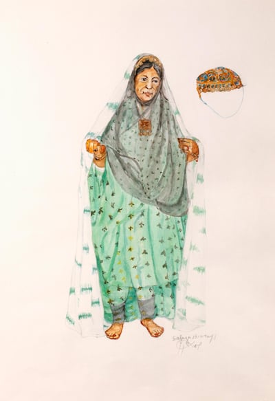 Binzagr's watercolour of an Al Qatif costume from the eastern region of Saudi Arabia