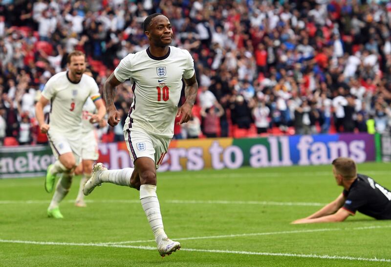 Raheem Sterling celebrates scoring England's opening goal in their 2-0 Euro 2020 win over Germany at Wembley Stadium on Tuesday, June 29. EPA