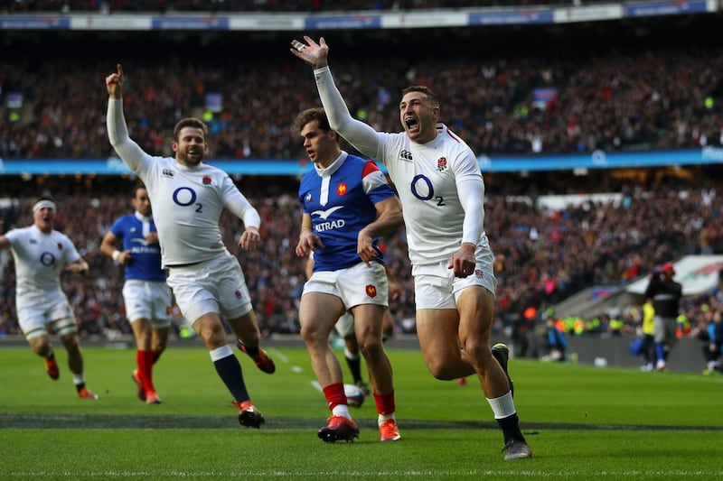 LONDON, ENGLAND - FEBRUARY 10:  Jonny May of England celebrates scoring his sides first try during the Guinness Six Nations match between England and France at Twickenham Stadium on February 10, 2019 in London, England.  (Photo by Warren Little/Getty Images)