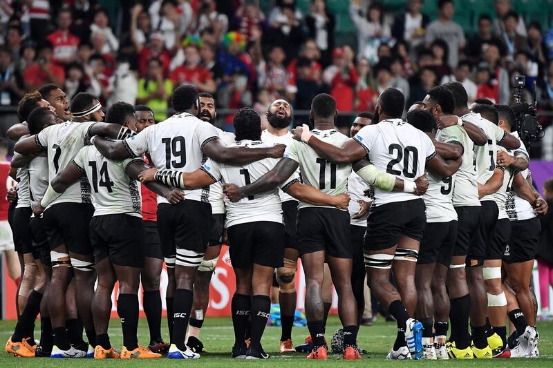 Fiji's players huddle  after losing   the Japan 2019 Rugby World Cup Pool D match between Wales and Fiji at the Oita Stadium in Oita. AFP